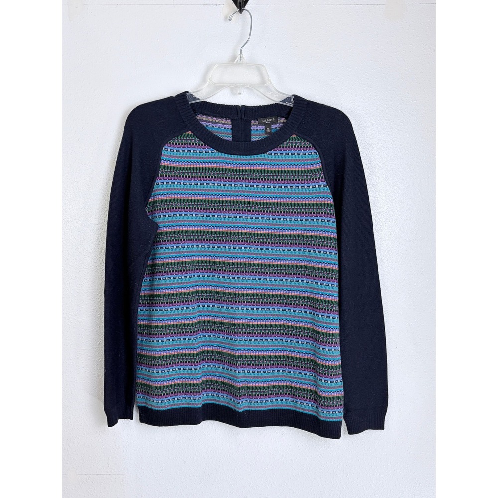 Fair Isle Navy Blue Multicolor Raglan Lambswool Sweater Talbots Zip Back MP